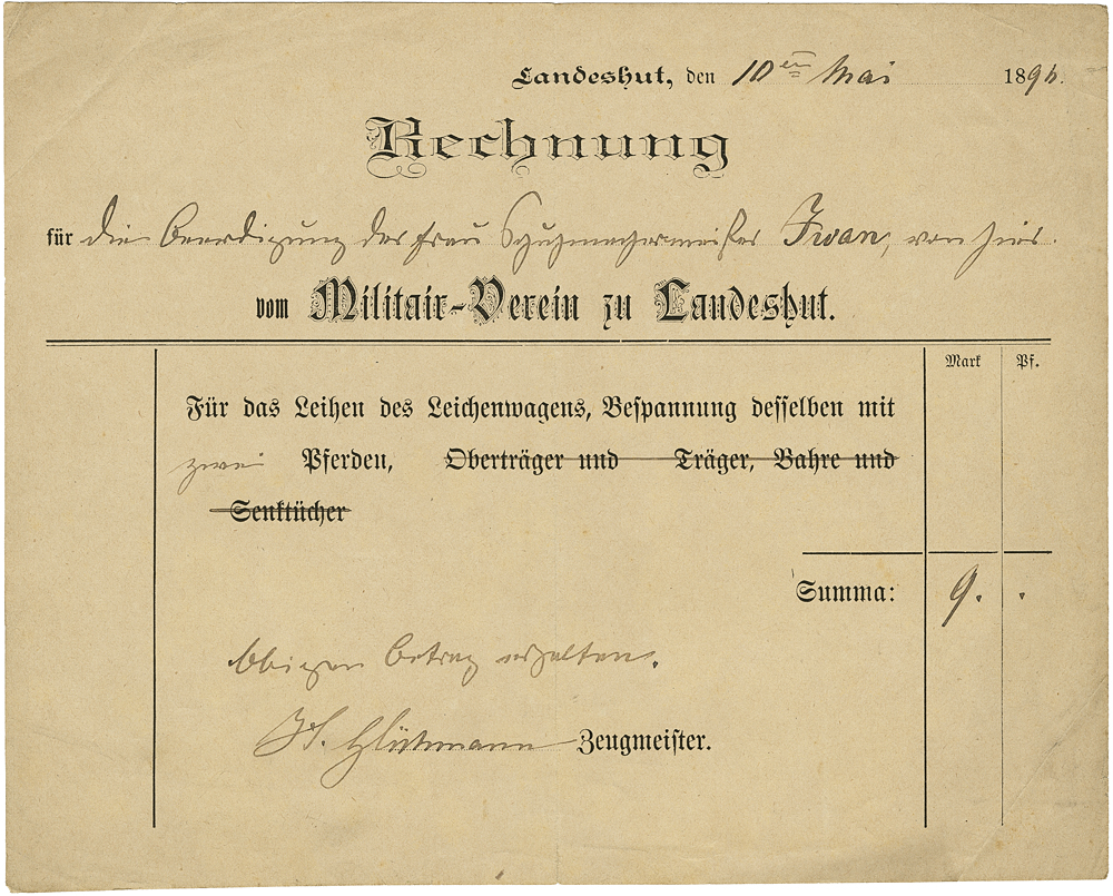 Milirair-Verein: Rechnung Beerdigung Frau Iwan